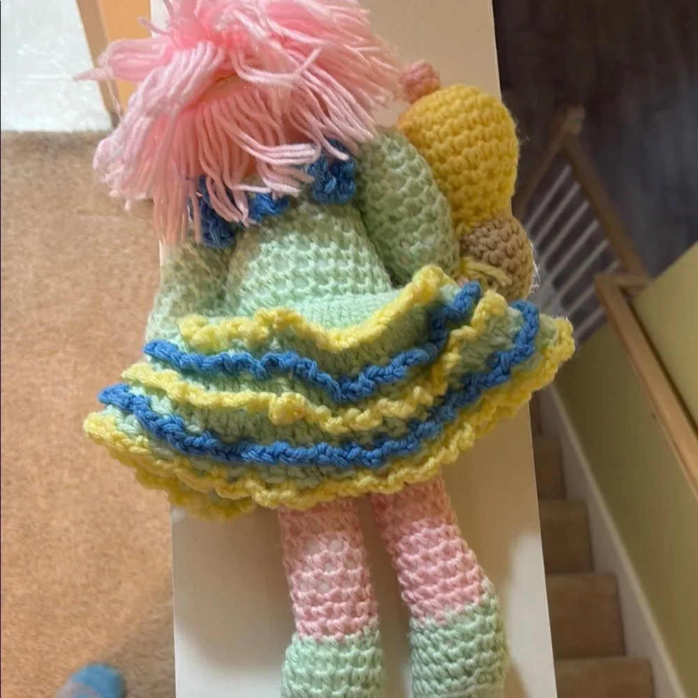 Vintage Adorable Pink and Blue Crochet Doll